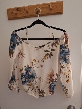 Dynamite Cream Floral Off-Shoulder Top with Blue Blooms
